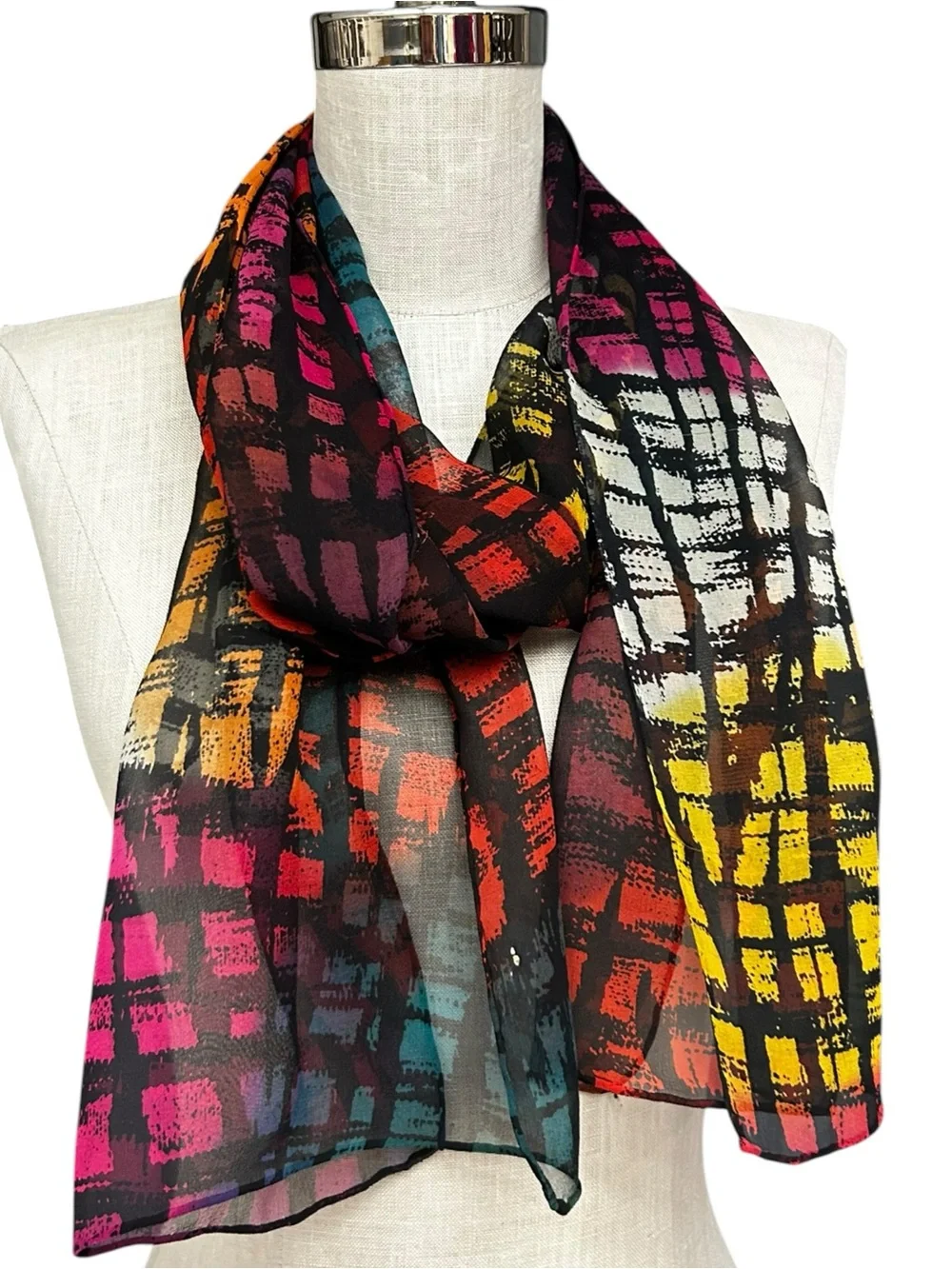 Abstract Multicolor Sheer Scarf Long Oblong Wrap Rainbow Colors